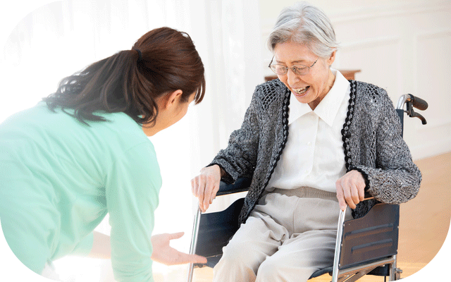 車椅子に乗ったばあばと手を差し伸べるホームヘルパーの写真